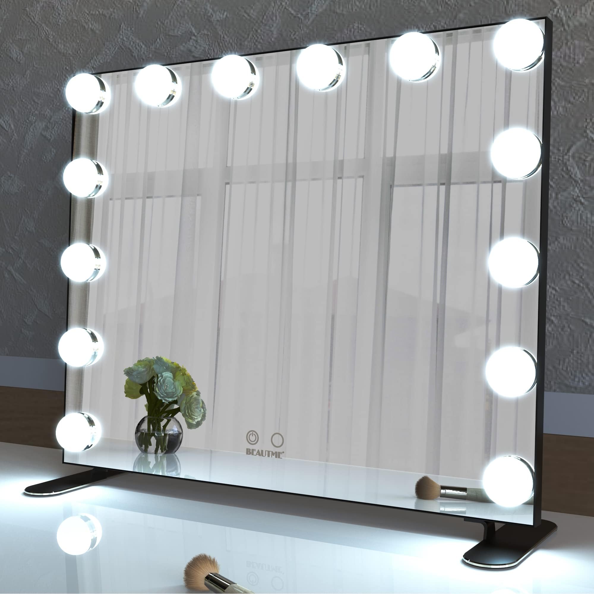 Vanity Mirror with Lights, Lighted Makeup Mirror with 14 Dimmer Bulbs, 2 Color Lighting Mode, Touch Control, Tabletop or Wall Mounted for Bedroom,Dressing Room,Black 23.6" X 20"