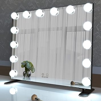 BEAUTME Vanity Mirror with Lights, Lighted Makeup Mirror with 14 Dimmer Bulbs, 2 Color Lighting Mode, Touch Control, Tabletop or Wall Mounted for Bedroom,Dressing Room,Black 23.6 X 20
