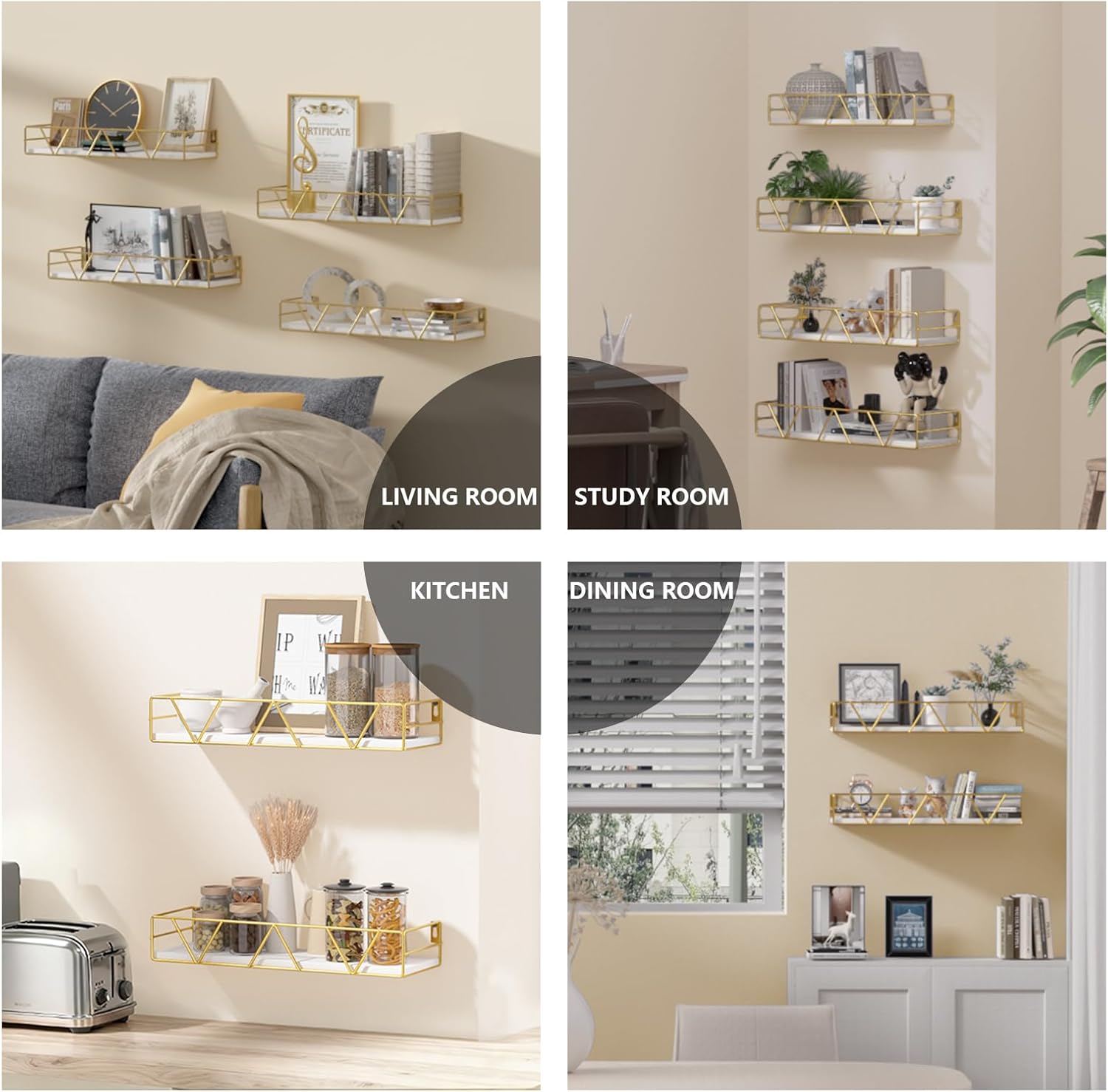 Amaoot Floating Shelves Set of 3, Home Wood Wall Shelf, Farmhouse Shelf for Bedroom, Wall Mounted Floating Shelf for Living Room, Bedroom, Bathroom, Kitchen, Office (Gold-4pcs)