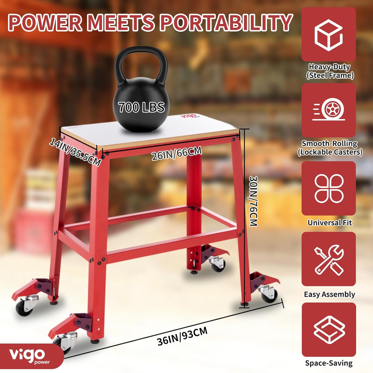 Planer Stand & Mobile Base, Universal Rolling Stand for Drill Press, Belt Sander, Scroll Saw & Bench Grinder, 700 lbs Capacity, Rubber Casters, 26" x 14" MDF Top