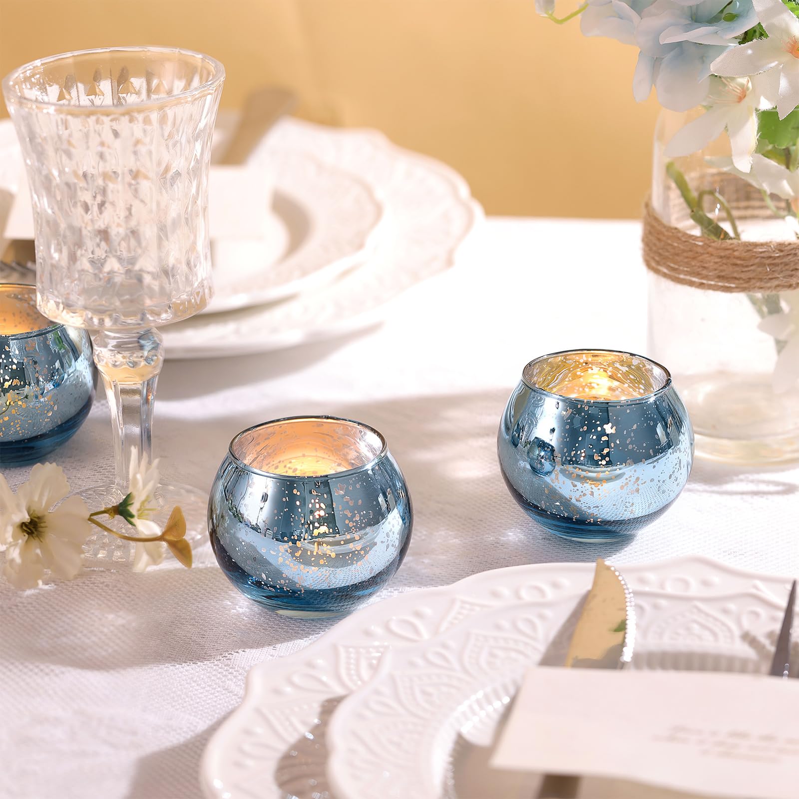 Lot De 12 Photophores En Verre Mercure Bleu | 5x5 Cm | Pour Décoration De Mariage, Fête - 5