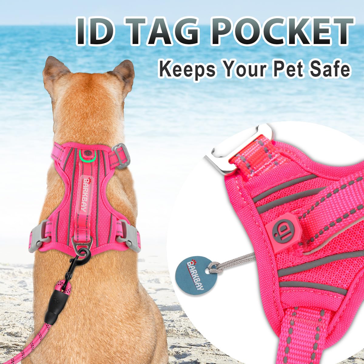 BARKBAY No Pull Dog Harness 3 Buckles Large Reflective Dog Harness with Front Clip and Easy Control Handle for Walking Training Running with ID tag Pocket(Pink,XL) - Image 3