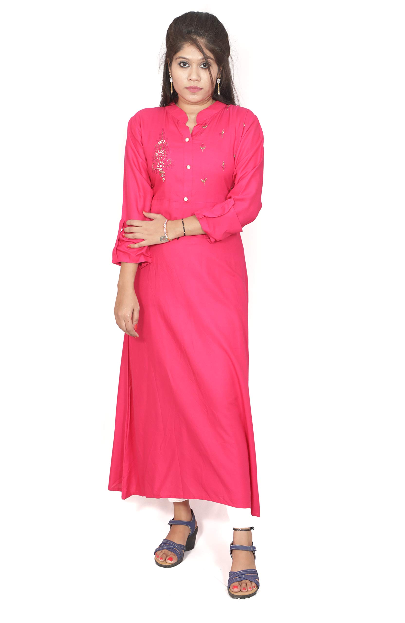 Suhag Woman's Jaipur Anarkali Solid Embroidered Calf-Length Stand Collar 3/4 Sleeves with Front Button Kurti (Pink) (SUH-Pink-02) (Pink, L)