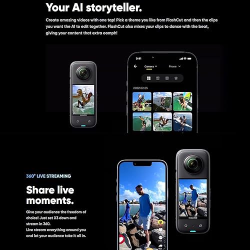 Miniatura 5 de Andoer Insta360-1 X3 Cámara de acción panorámica 57K 360 HDR Video 72MP Foto 229 pulgadas Pantalla grande Control táctil Estabilización de flujo 10M