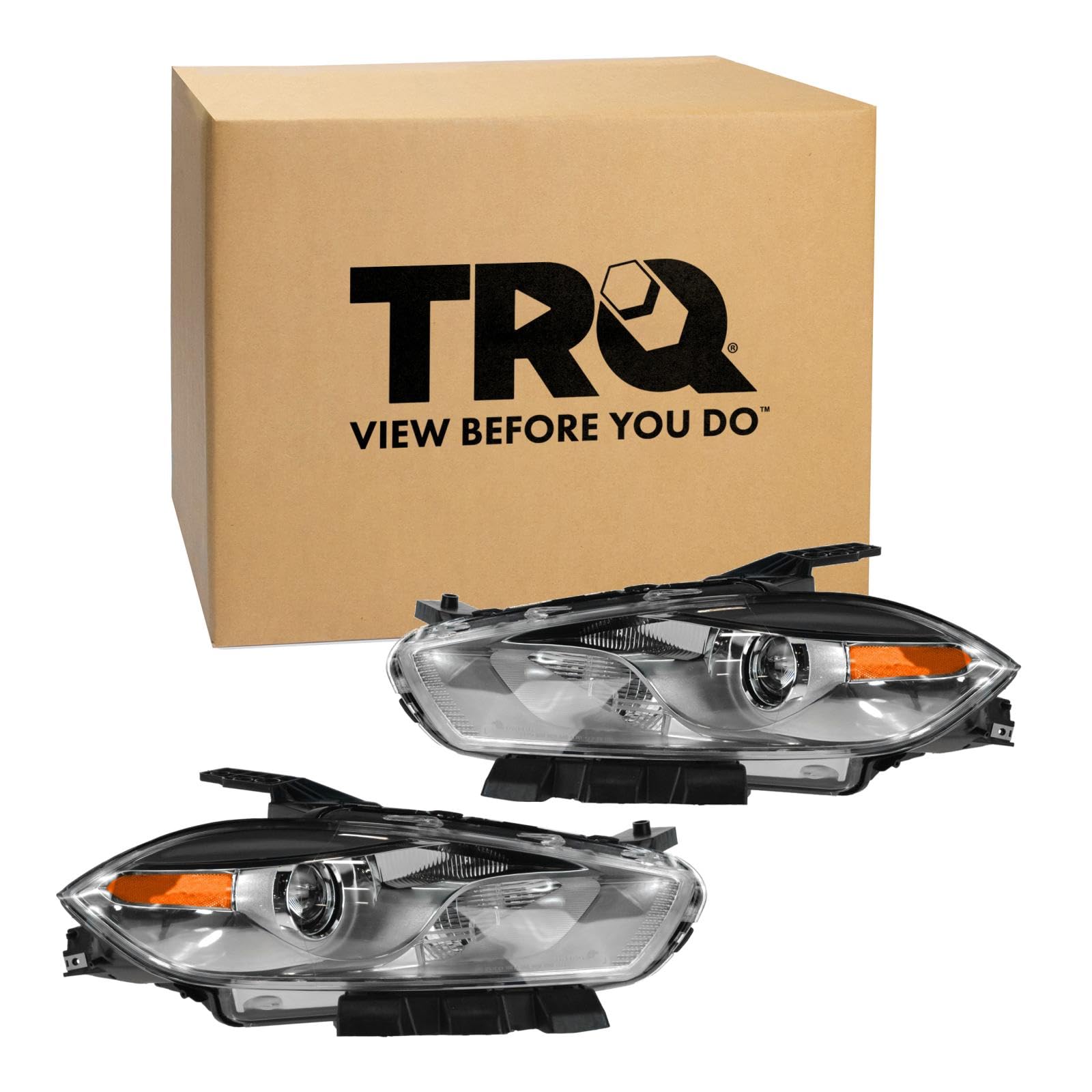 TRQ 2 Piece Headlight Assembly Set Chrome Bezel Driver &amp; Passenger Side Compatible with Dodge Dart 2013-2016 CH2518144 CH2519144 68292806AB 68292807AB