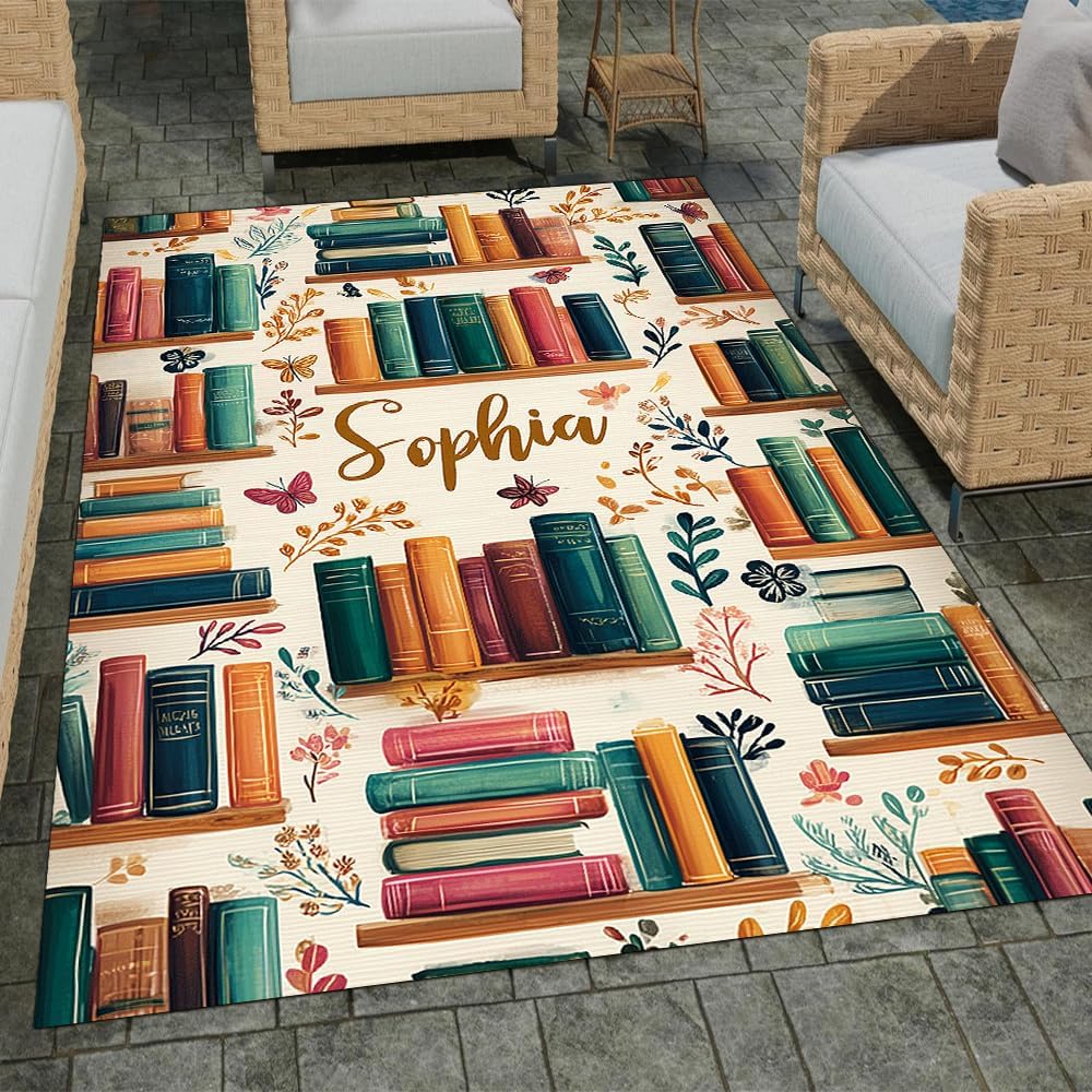 Reading Rug – Cozy Area Rug for Book Lovers, Kids, and Classrooms – Soft and Durable Carpet for Reading Nooks, Libraries, or Bedrooms – Book-Themed Floor Mat (Custom Name Bookshelf 2)