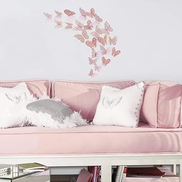 Butterfly Decorations,3D Wall Decals,Metallic Art Sticker,DIY/Man-Made/Removable/Decorative Paper Murals for Home,Bathroom,Livingroom,Kids/Girls Bedroom,Nursey,Party Décor.(36 PCS) (Rose Gold)