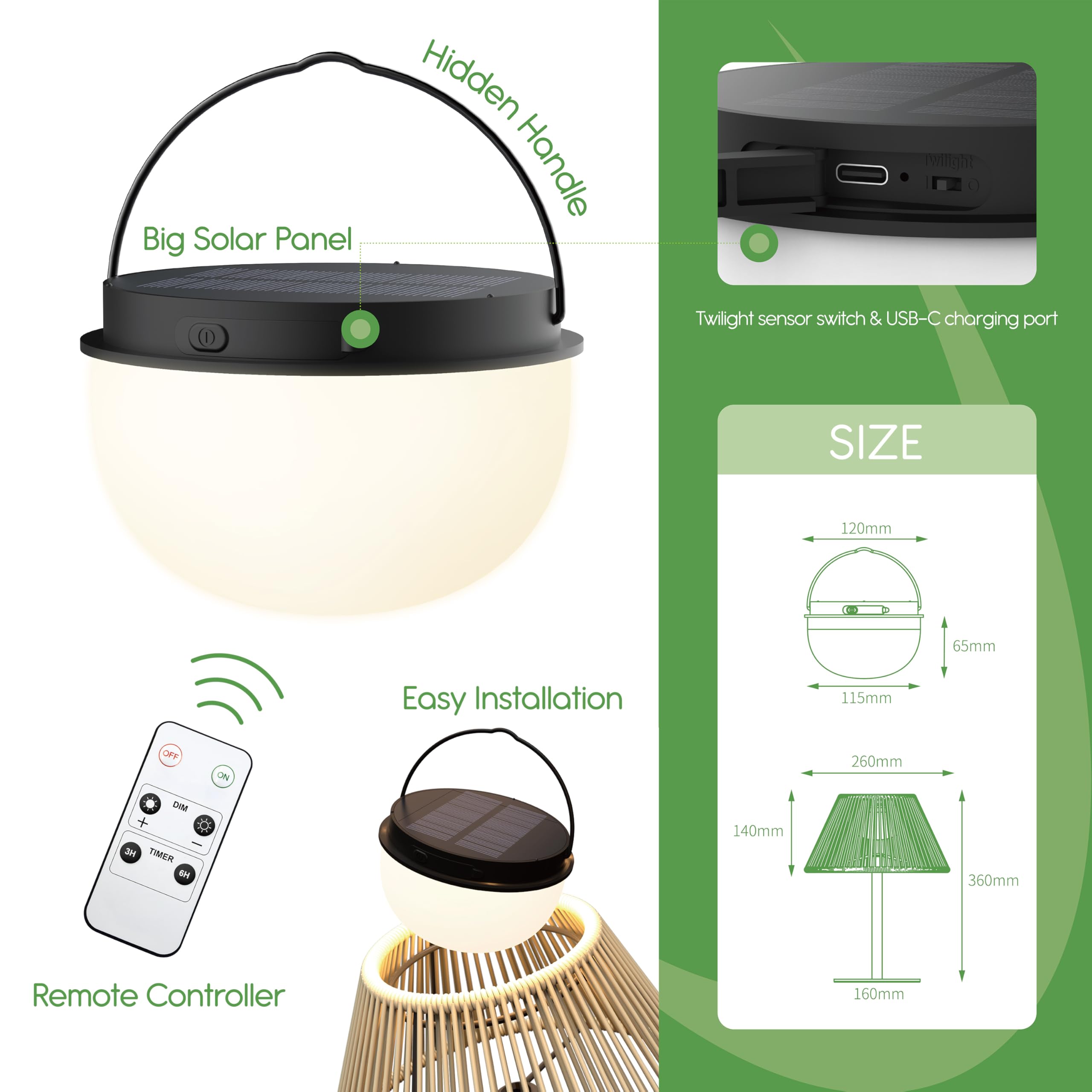 Lampade da tavolo solari - Telecomando incluso - Modalità dimmerabile e timer - Batteria ricaricabile che dura fino a 45 ore - 2700K - Resistente alle intemperie IP44 - 2pk