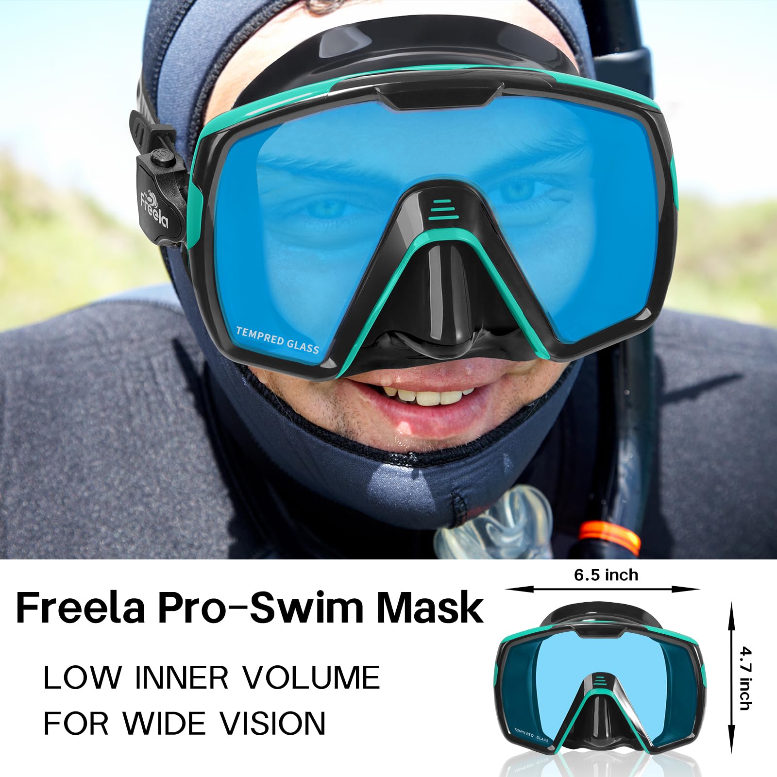 Freela Maschera da nuoto per adulti con copertura per il naso, in vetro temperato, anti appannamento, impermeabile, 180°, trasparente, ampia visuale, uomini e donne