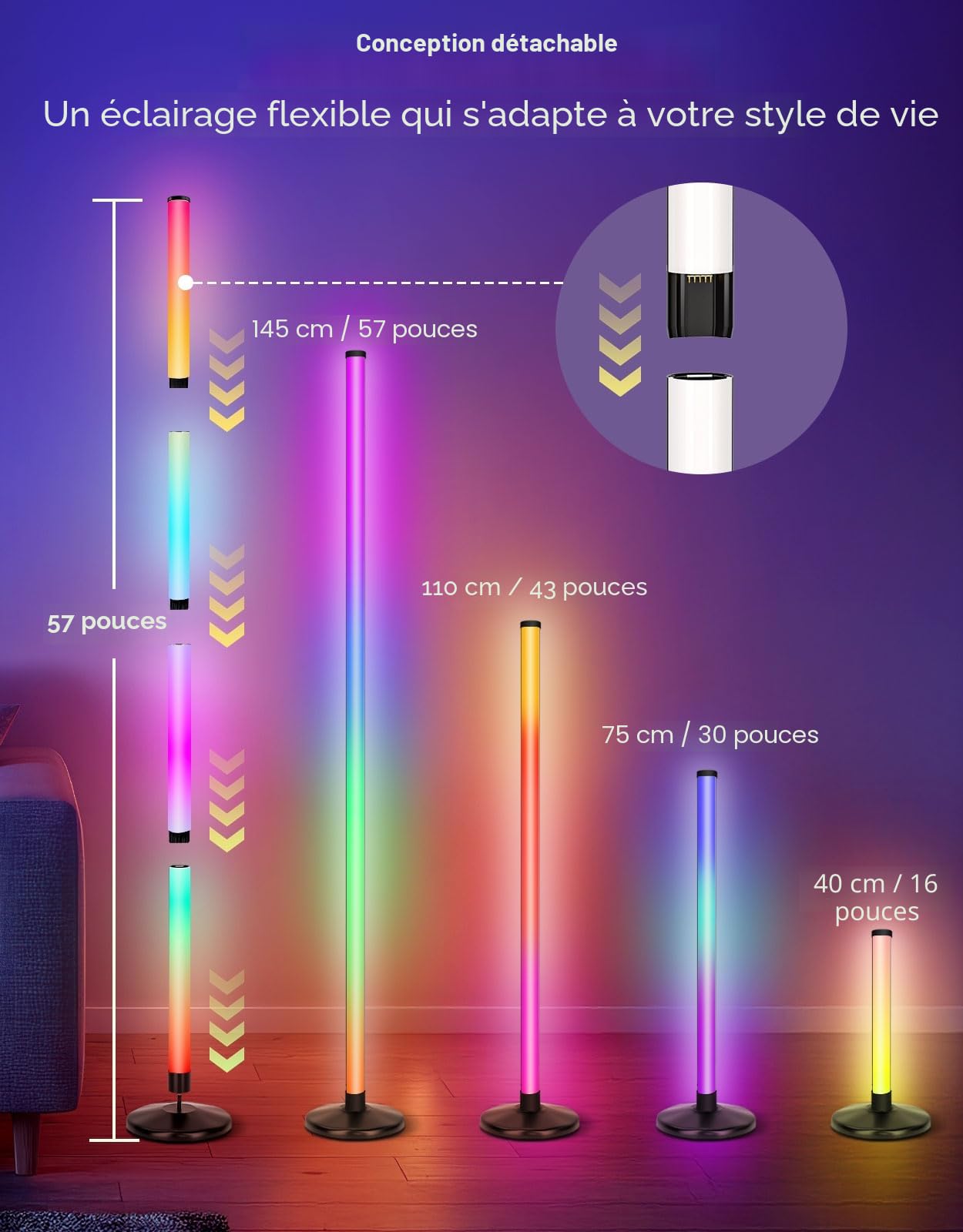 OUTON Lampadaire LED 2-Pièces, RGBIC Dimmable, Synchronisation Musicale