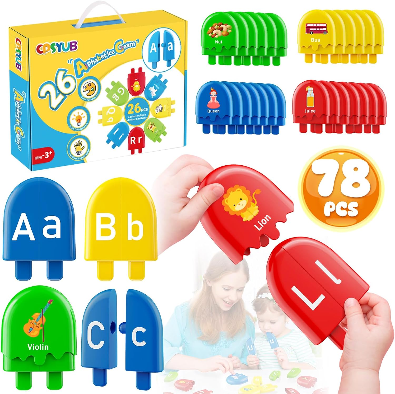 CPSYUB 78PCS Alphabet Learning Toys 2025 Upgraded Ice Cream ABC Matching Toys for Toddle Color Sorting Set Preschool Montessori Toy Smart Sorting Set Upper Lowercase Game Educational Toy 2 3 4 5+ Kids