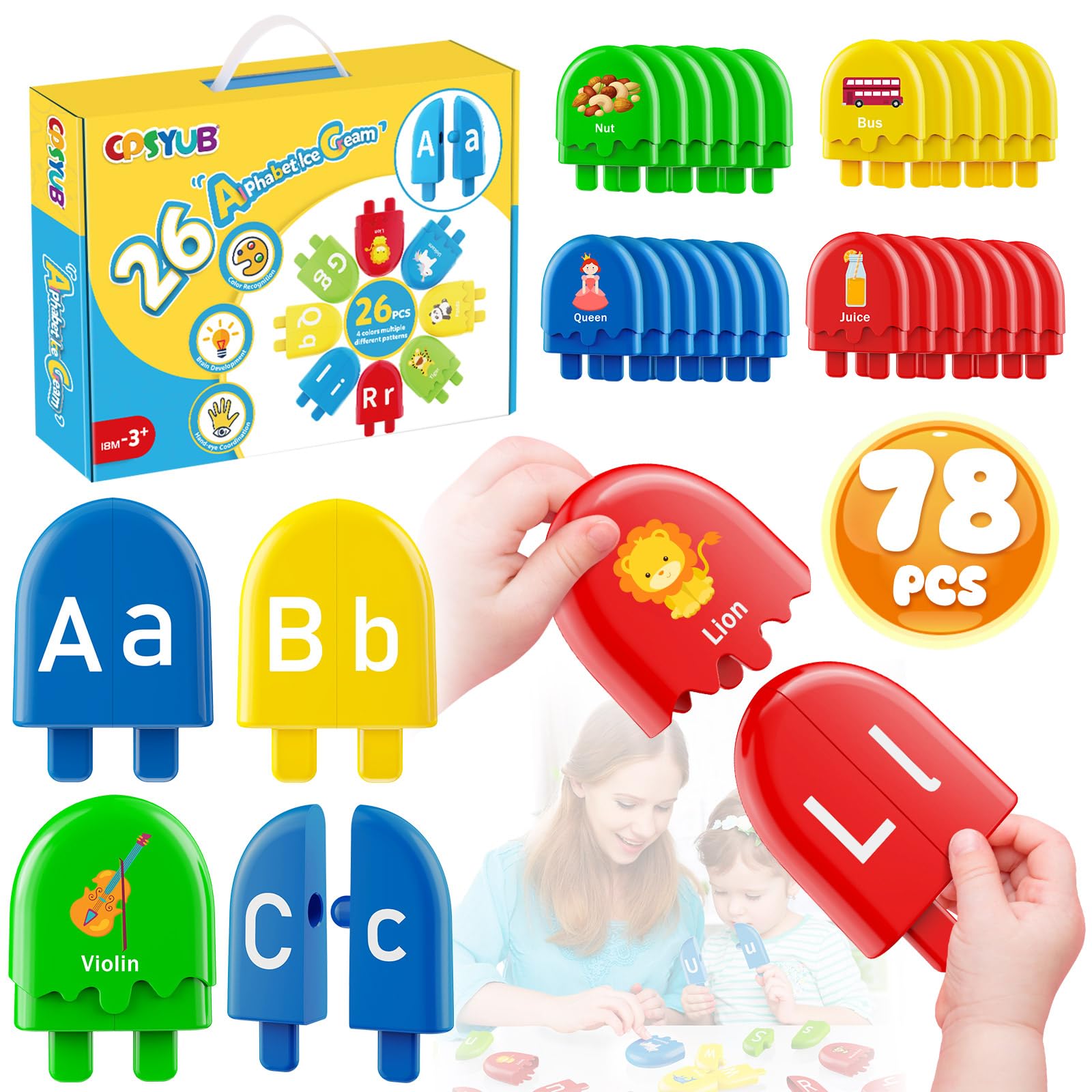 CPSYUB78PCS Alphabet Learning Toys 2025 Upgraded Ice Cream ABC Matching Toys for Toddle Color Sorting Set Preschool Montessori Toy Smart Sorting Set Upper Lowercase Game Educational Toy 2 3 4 5+ Kids