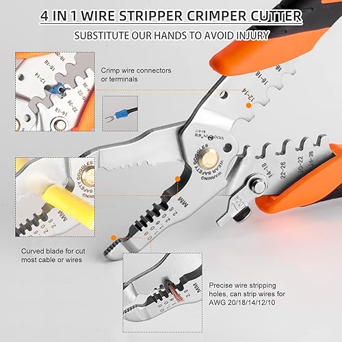 Miniatura 4 de Pelacables y crimpadoras de cables, herramienta de prensado de pelacables de 7.38 pulgadas, pelacables profesionales con crimpador de alambre,