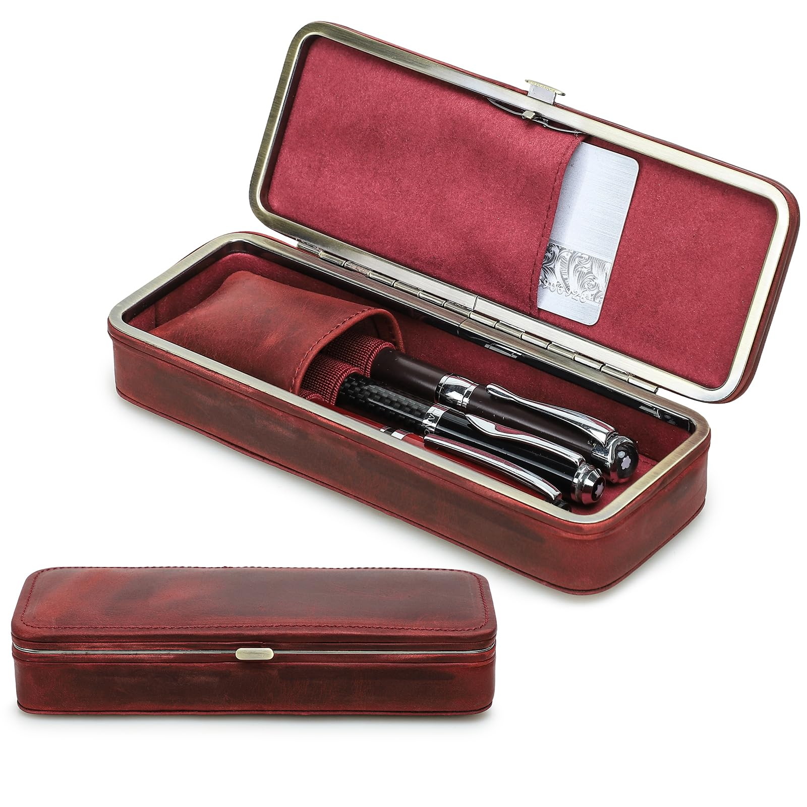 CONTACTS Leather Fountain Pens Case Box Handcrafted,Metal frame Closure Pencil Organizer Pockets Stationery Bag for Men/Woman Vintage Office 3 Pen Pouch with Card Slot