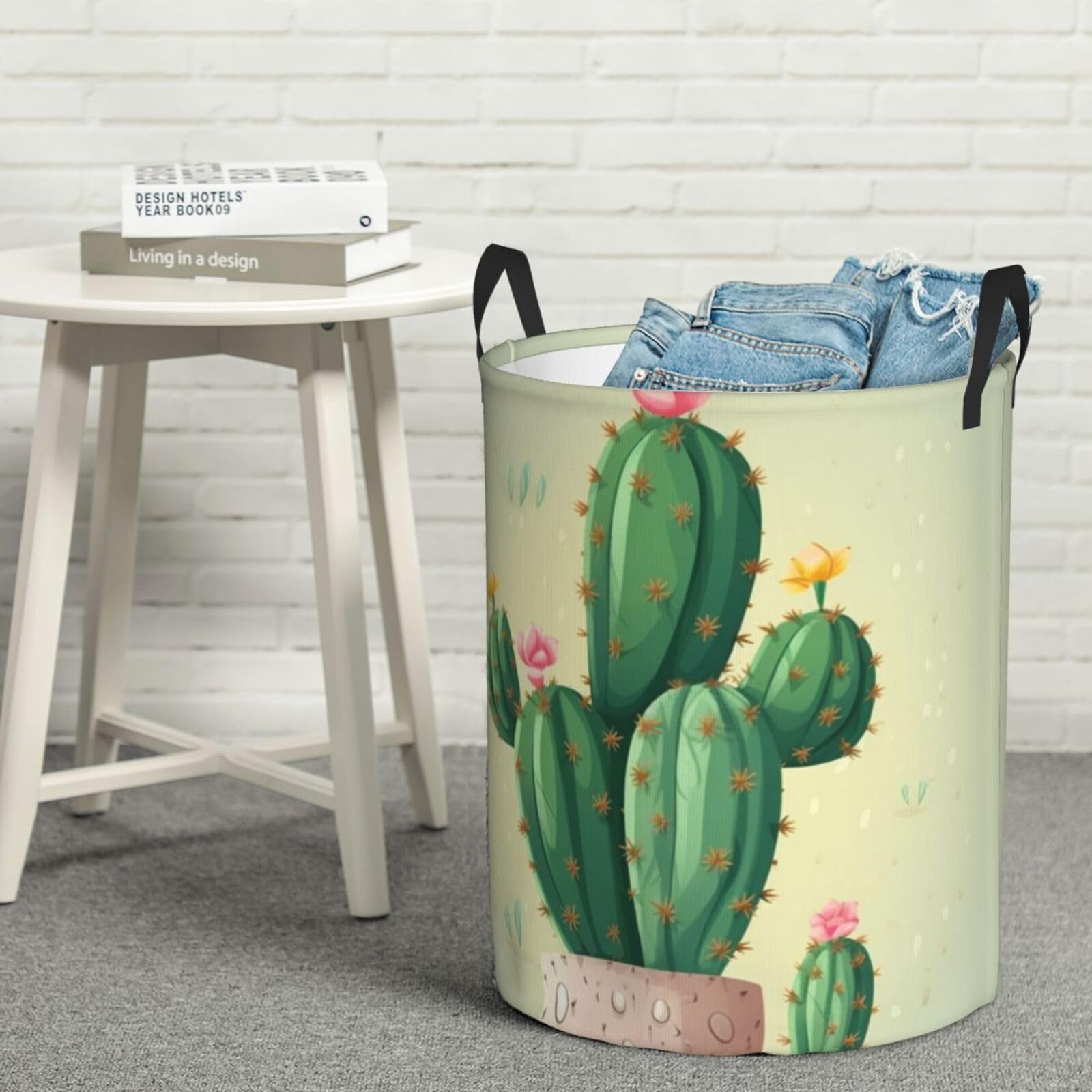 Fodpand Black Cute Cactus Laundry Basket With Handle, Freestanding Laundry Hamper, Collapsible Dirty Clothes Hamper, Waterproof Fabric Blanket Storage Basket Tall Toy Storage Bin Room Decor Small