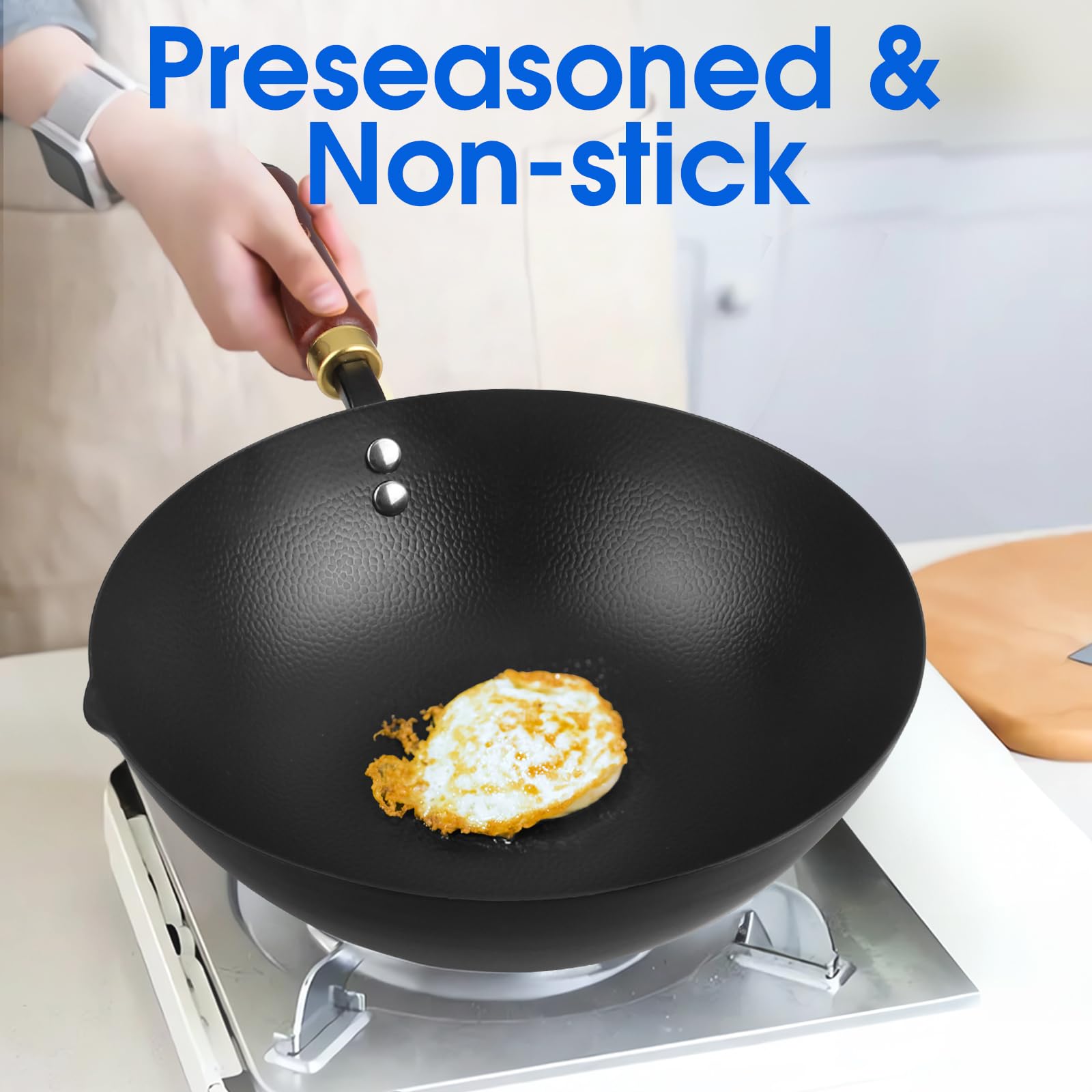 Souped Up Recipes Wok de acero al carbono de 10 pulgadas para estufas eléctricas, de inducción y de gas (tapa y video guía de usuario incluidos)