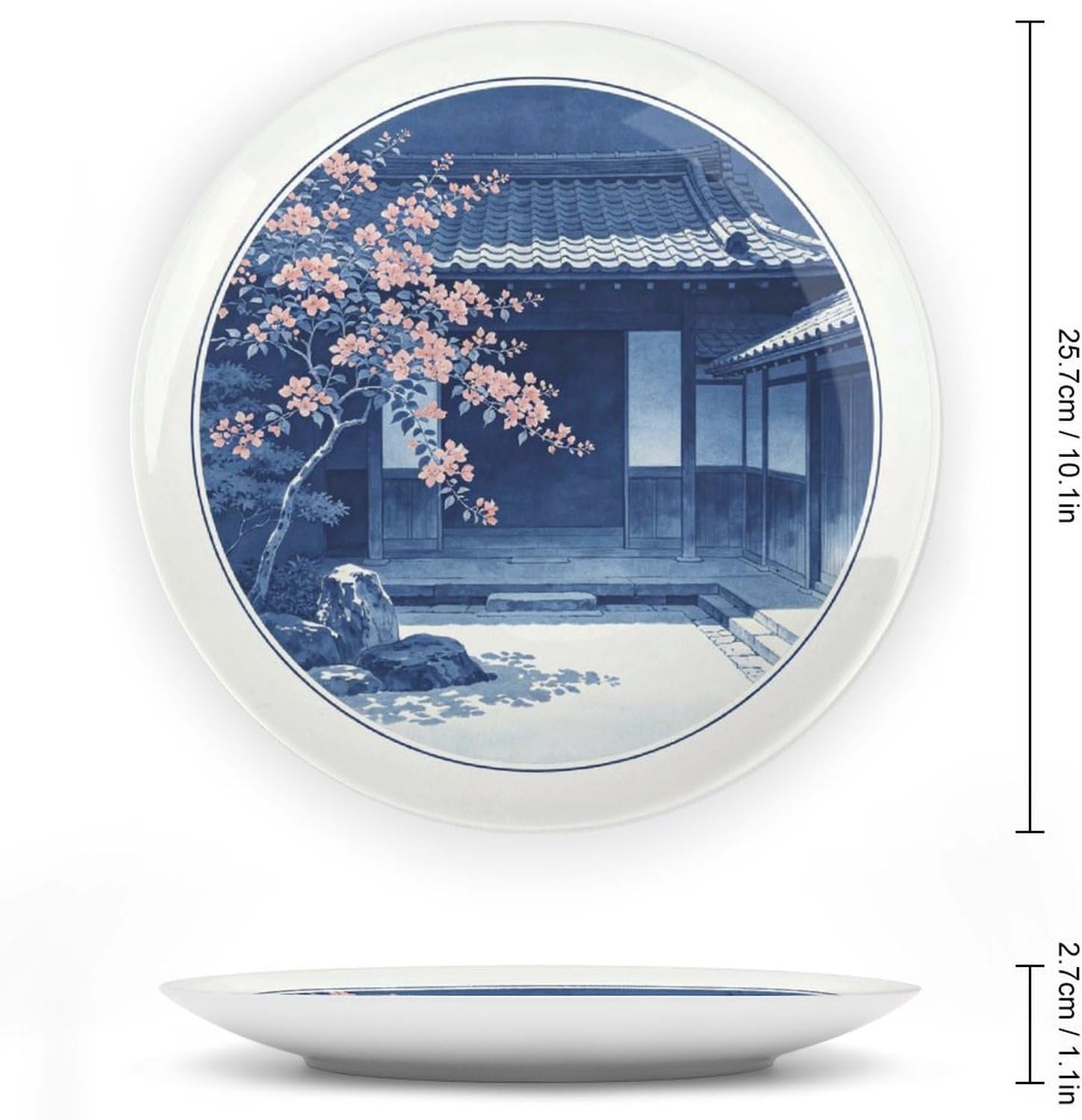 Blue White Porcelain Plate Art, Deep Blue Courtyard with Pink Flowers for Bedroom Wall Bone China Decorative Plate, 10inch Wall Art Home Decor