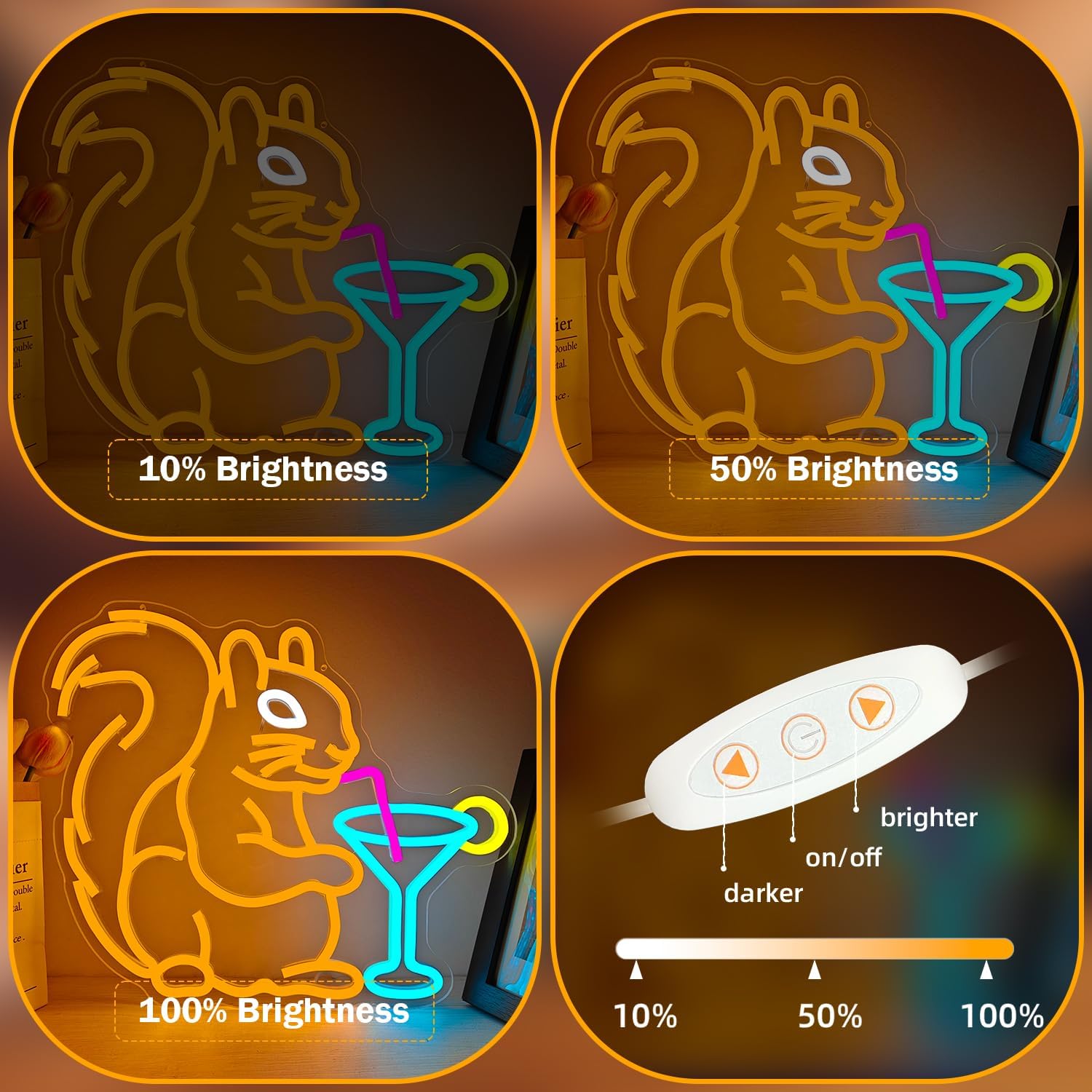 Squirrel Cocktail Neon Sign for Wall Decor Orange Squirrel Neon Lights for Bedroom Dimmable Animal Led Signs for Bedroom Wall Cocktail Bar Light Up Sign for Bar Man Cave Kidsroom Game Room - Image 4