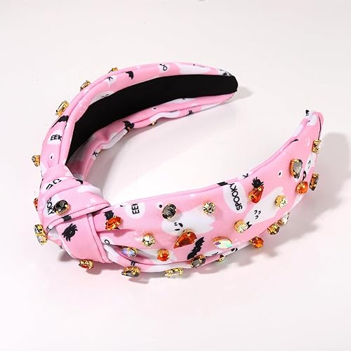 Miniatura 7 de Diademas de Halloween para mujer, color morado, naranja, negro, cristal adornado, diadema anudada, diadema ancha de Halloween, accesorios para el