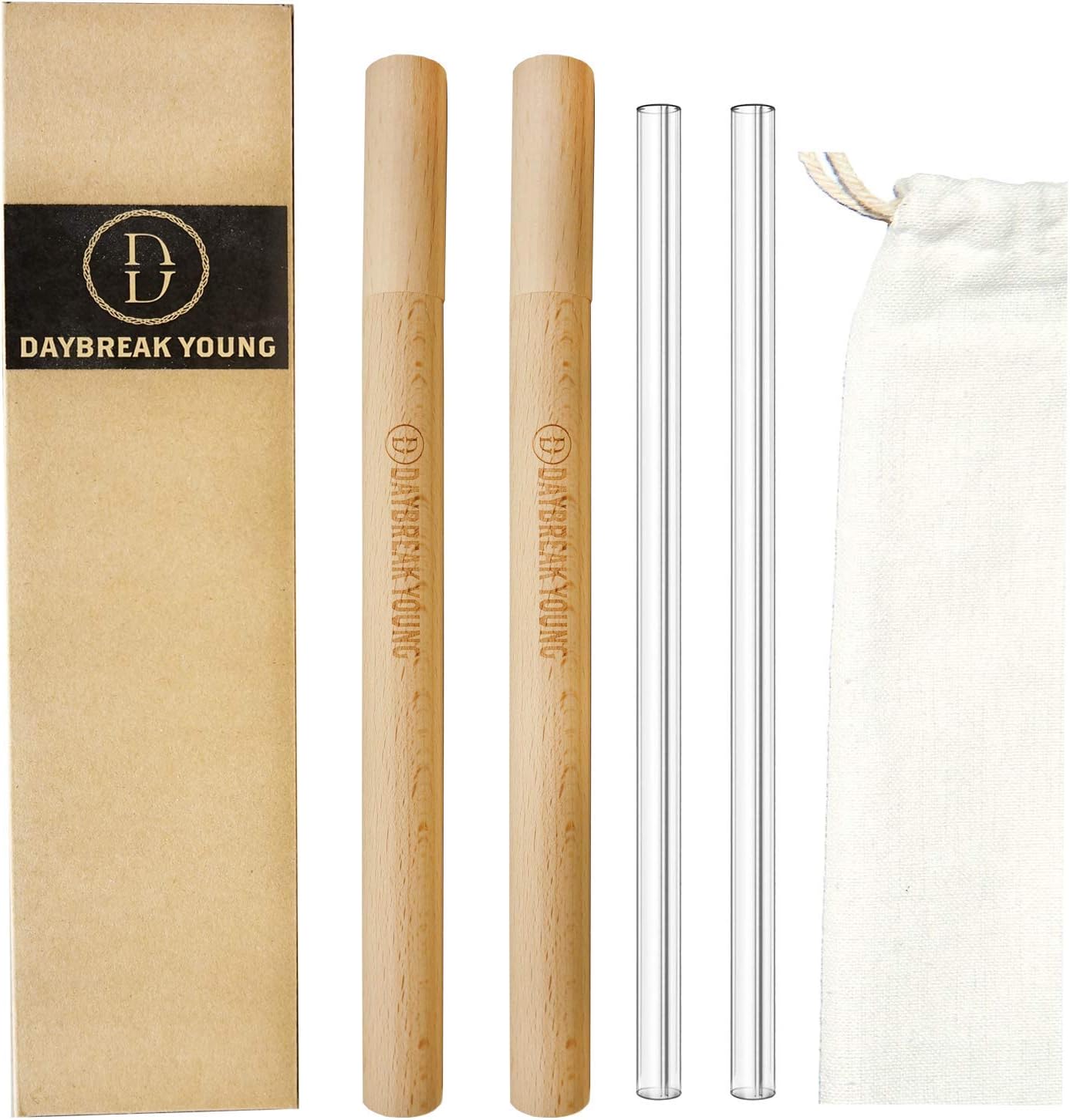 Reusable Straw with Case, Wooden Straw Case and Glass Straw, including 2 Glass Straws, 2 Wooden Cases, 1 brush and 1 bag