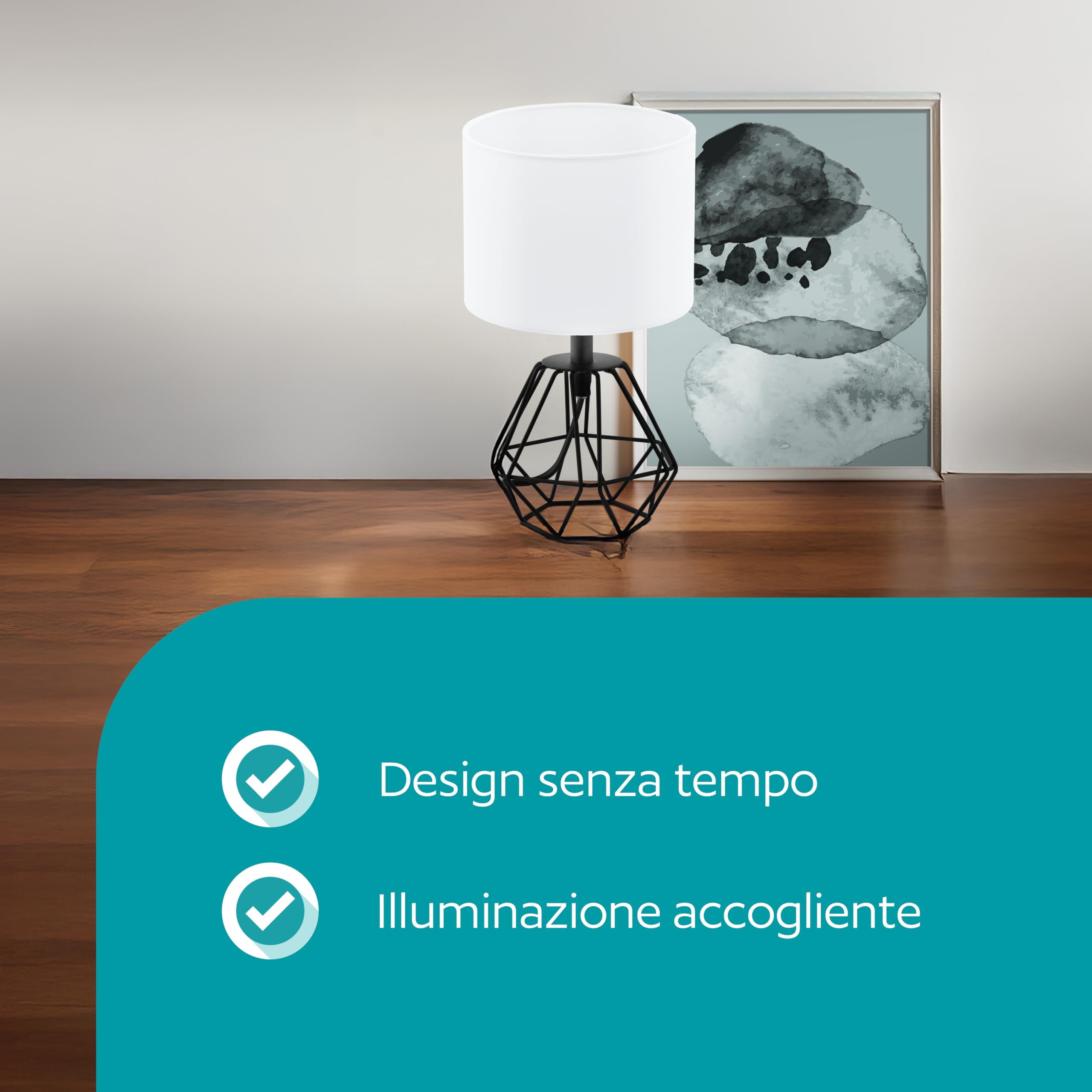Eglo lampada da tavolo Carlton 2, lampada da tavolo vintage a uno punto | luce, lampada da comodino in acciaio e tessuto, nero, bianco, presa E14, interruttore incl