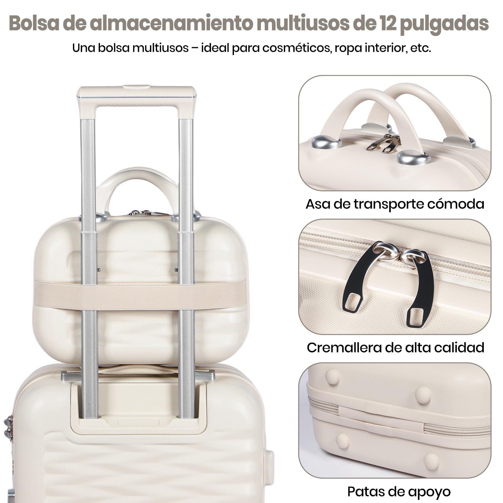 Juego de maletas con estuche de belleza, ligero ABS + PC, maleta de viaje rígida con ruedas giratorias, White, 4 Piece Set, Lado rígido moderno