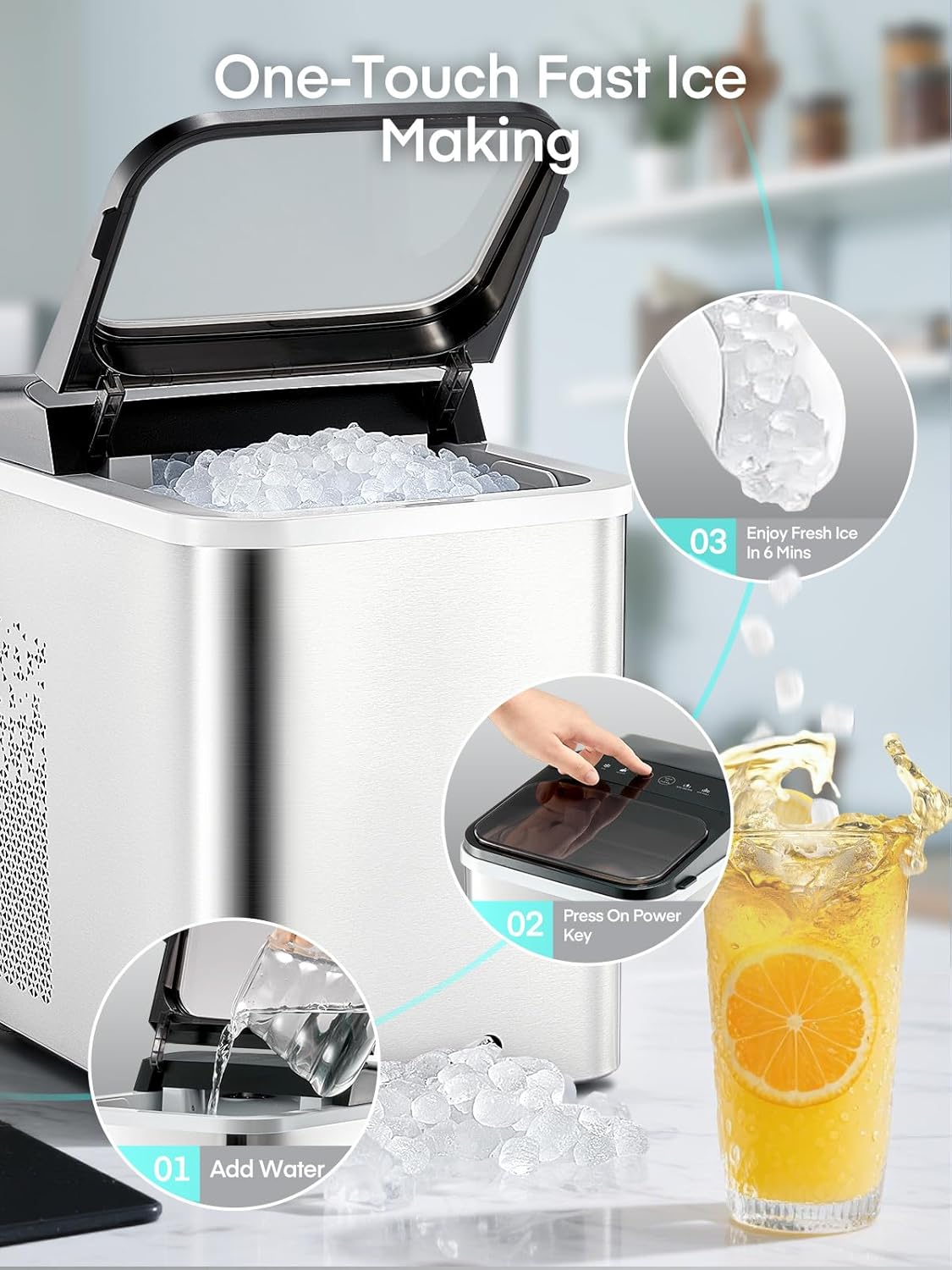 Steps for one-touch fast ice making: Add water, press power key, enjoy fresh ice in 6 minutes