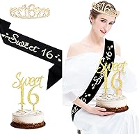 Vista 2 de Sweet 16 - Decoración acrílica dorada para tartas de cumpleaños de 16 años, corona de 16 años y tiara para niñas, 3