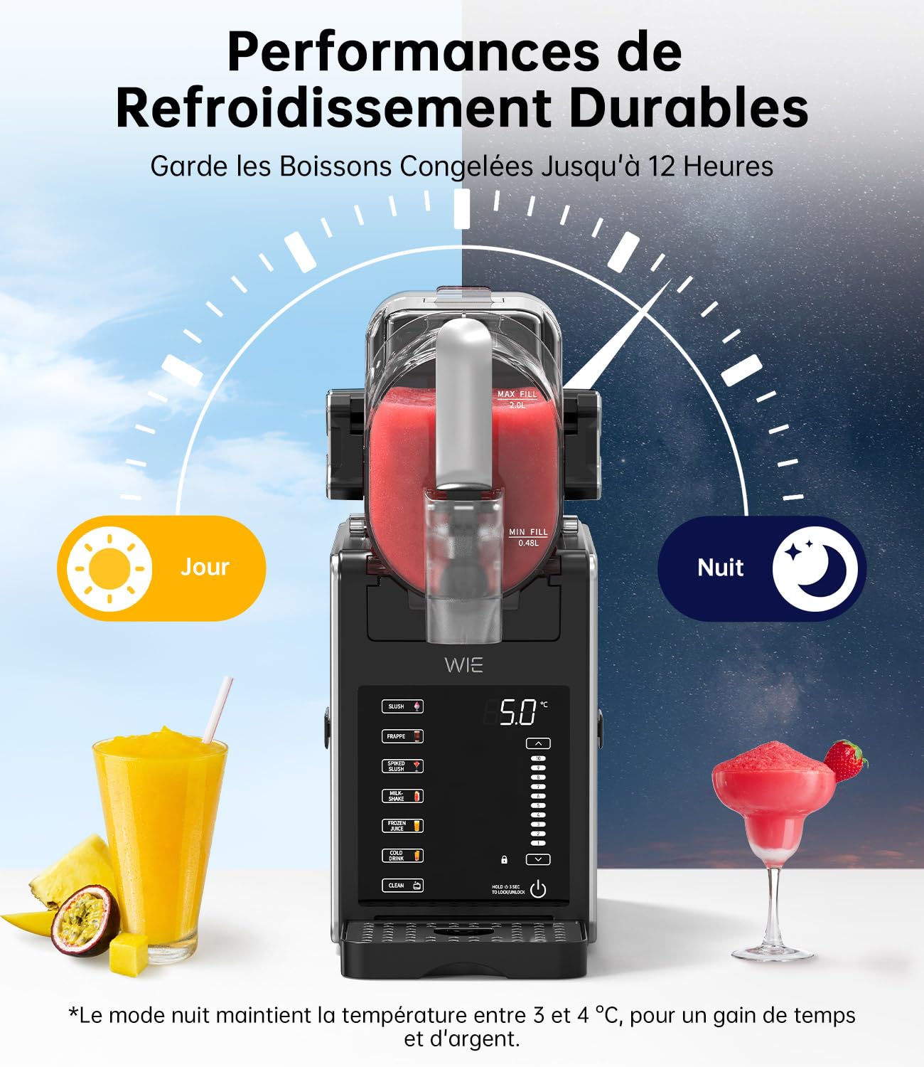 WIE Slush Machine 2.6L Sans Glace Machine à Granité mit 6 Programmes Autonettoyage Slush Maker pour Maison, Fabricant de Slush pour Margarita, Cocktail, Milkshake, Frappé