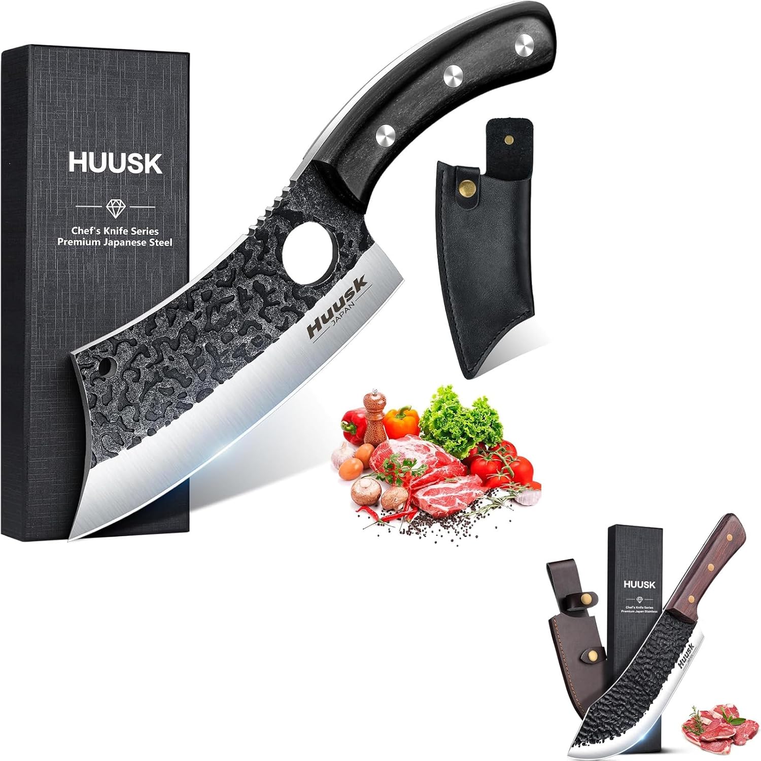 Huusk Knives Set Meat Cleaver Knife with Sheath High Carbon Steel Kitchen Knife for Meat and Vegetables