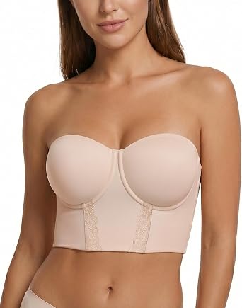 Lemorosy Womens Full Figure Bust Bustier Longline Strapless Bra -Anti Slip Underwire Plus Size Lace Corset Top