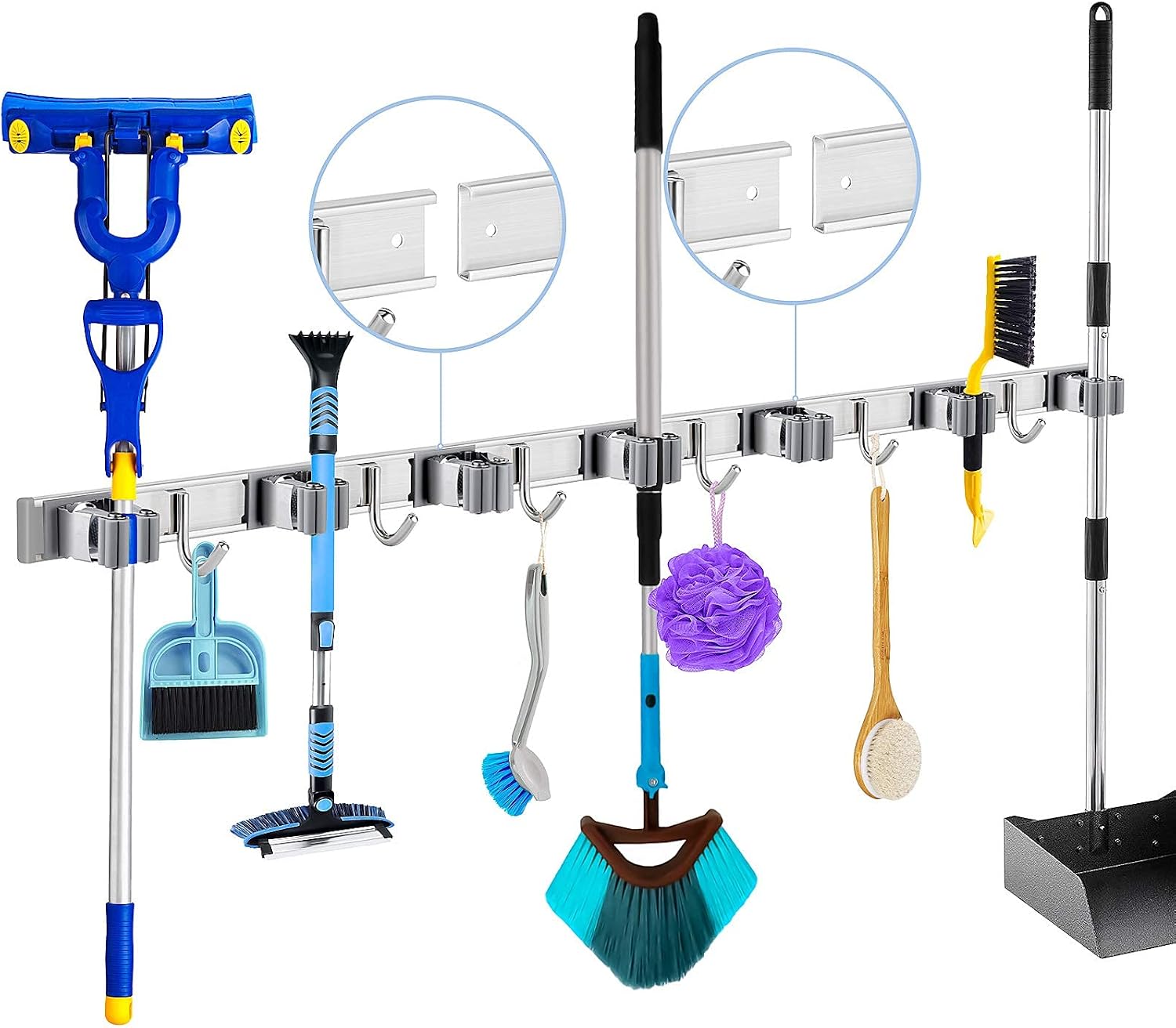 POPRUN Broom Mop Holder Organizer Wall Mounted with Slidable 7 Racks and 6 Hooks - Stainless Steel for Tool Organization and Storage, 47.25", Grey