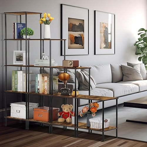 Miniatura 3 de LING RUI Estantería de 14 estantes, estantería de esquina de escalera, estantería abierta rústica, estantes de exhibición de libros de 5 niveles