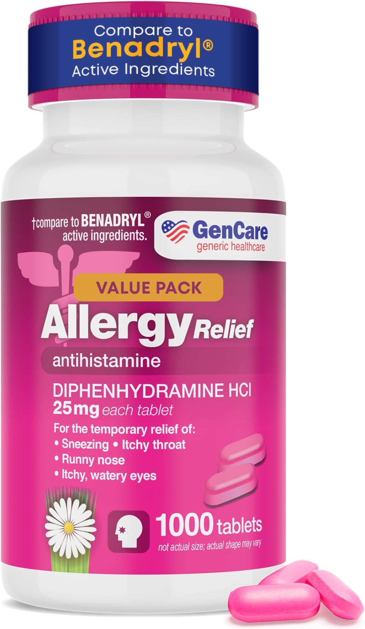 Allergy Relief Medicine – Bulk Value 1000 Count Diphenhydramine 25mg – Antihistamines for Adults for Congestion, Sneezing, Runny Nose, Itchy Eyes & Throat – Pink