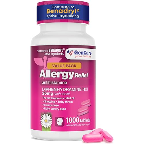 GenCare Allergy Relief Medicine – Bulk Value 1000 Count Diphenhydramine 25mg – Antihistamines for Adults for Congestion, Sneezing, Runny Nose, Itchy Eyes & Throat – Pink