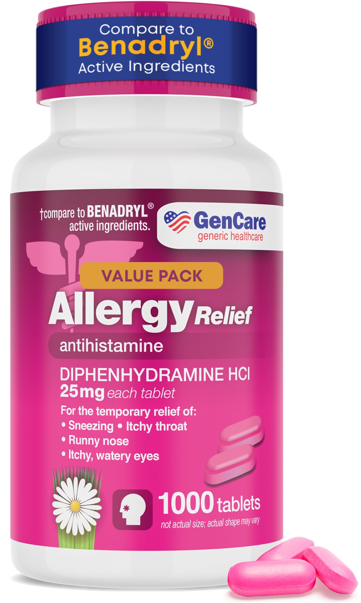 GenCare Allergy Relief Medicine – Bulk Value 1000 Count Diphenhydramine 25mg – Antihistamines for Adults for Congestion, Sneezing, Runny Nose, Itchy Eyes & Throat – Pink