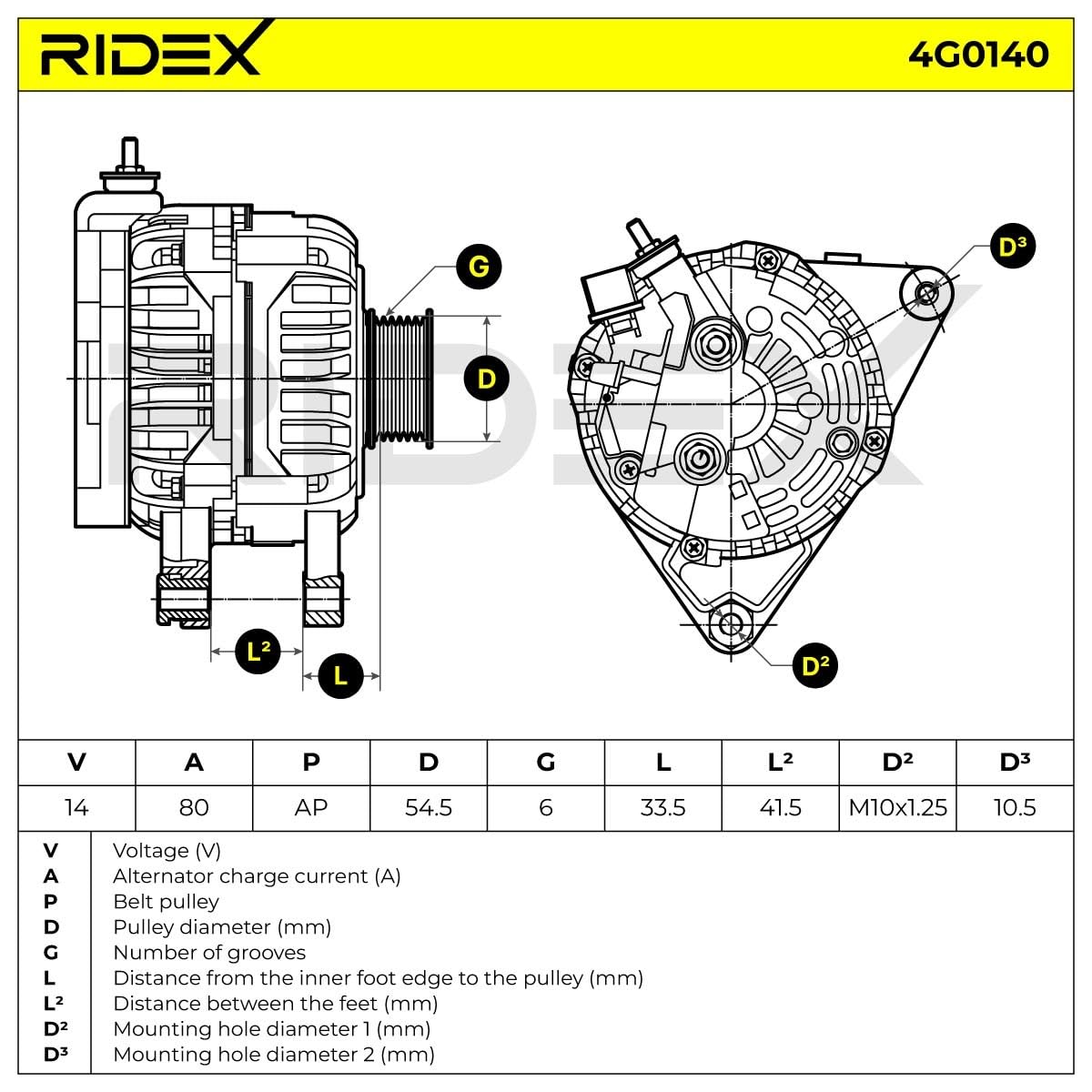 Alternator Generator RIDEX 4G0140 80A 14V Kompatybilny z TOYOTA COROLLA Verso ZER, ZZE12, R1 AVENSIS sedan T25 COROLLA Liftback E11 CELICA ZZT23 AVENSIS T25