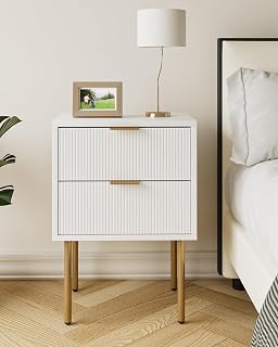 Nightstand, 2 Drawer Dresser for Bedroom, Small Side Table with 2 Drawers, Bedside Furniture, Night Stand, End Table with Gold Frame for Bedroom,Living Room,White
