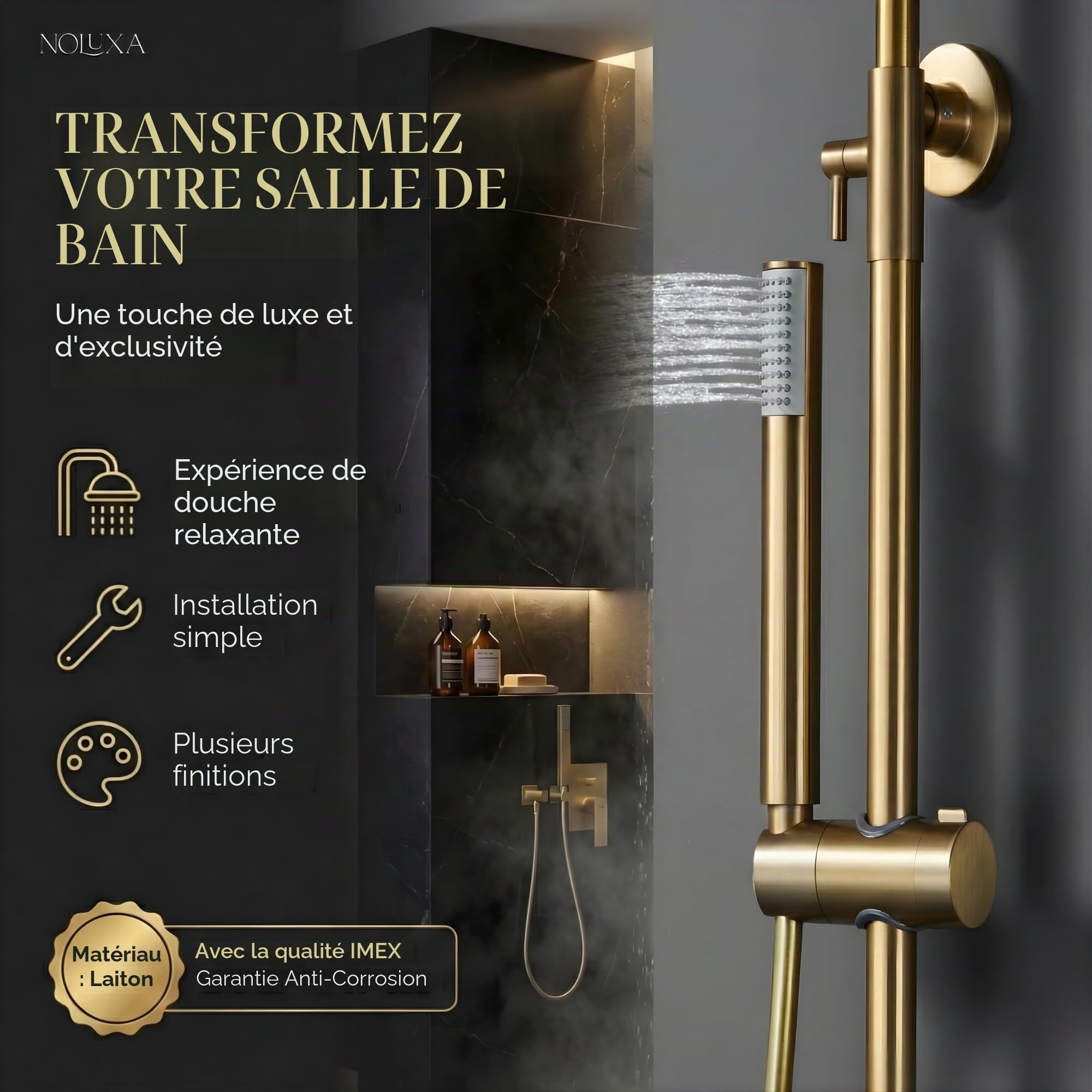 IMEX - Colonne Douche Dorée Salle de Bain | Colonne de Douche Laiton avec Mitigeur Or Brossé | Colonne de Douche avec Robinet Reglable | Barre en Acier Inoxydable S.304 Extensible | Série Line