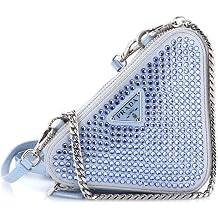 Pre-Loved Triangle Double Pouch Crossbody Crystal Embellished Satin Mini, Blue