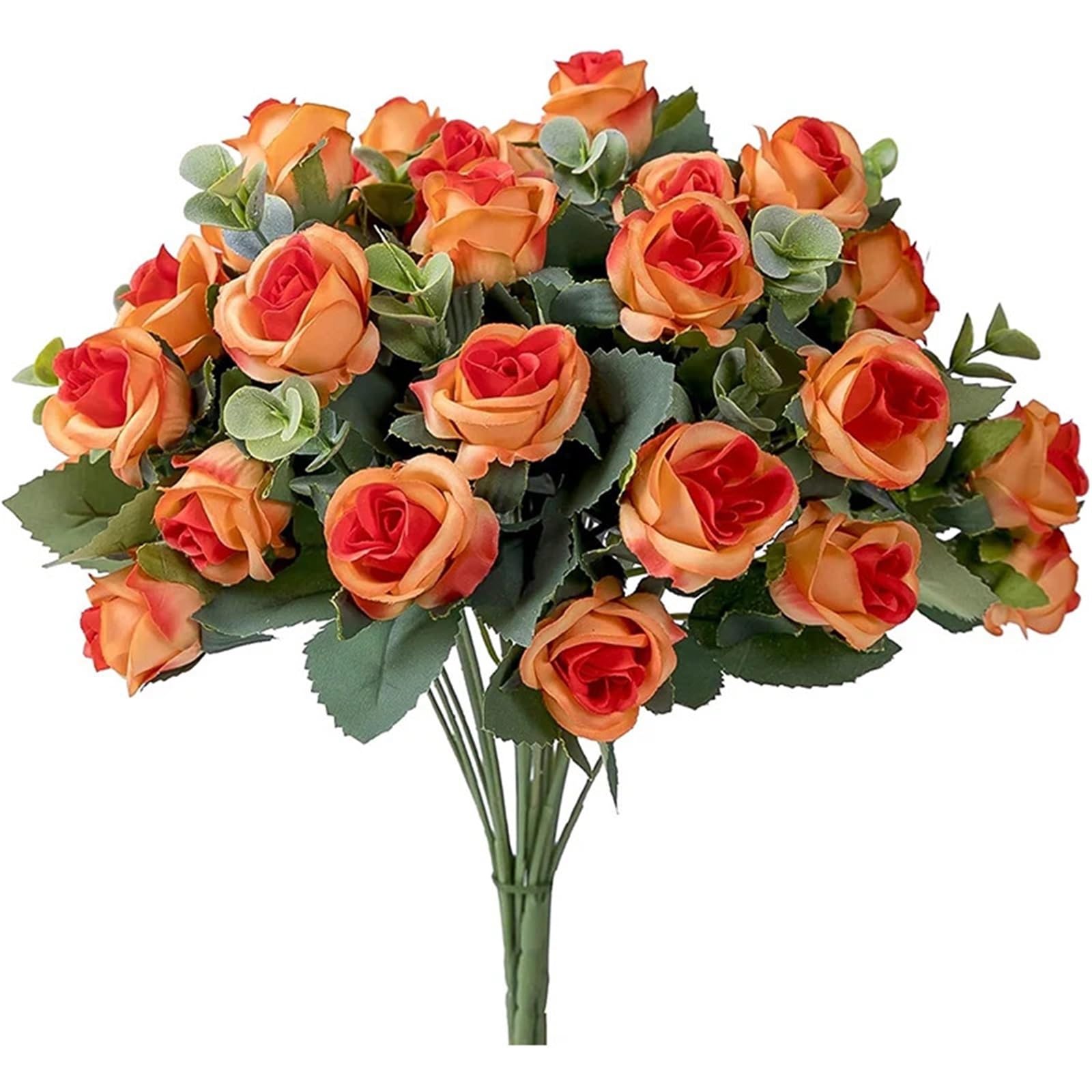 Dcrxz Artificial Flowers 3pcs Artificial Flower Silk Rose white Eucalyptus leaves Peony Bouquet Fake Flower for Wedding Table Party Vase Home Decor(Orange)