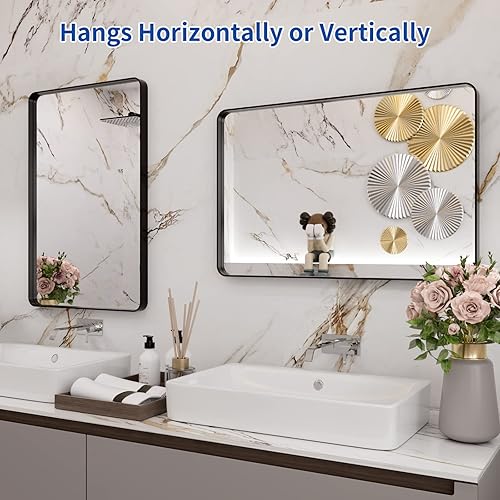 Miniatura 5 de WEER Espejo de baño negro para pared de 20 x 30 pulgadas, espejo rectangular con marco de metal negro mate, espejo de baño de granja con vidrio