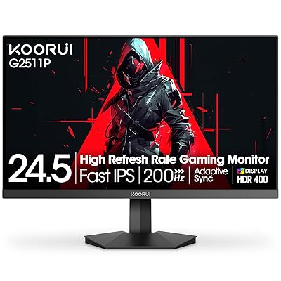 KOORUI 24.5 Inch Gaming Monitor 200Hz, 1ms, FHD(1920 * 1080p) IPS Display, HDR400, 90% DCI-P3 Color Gamut with Adaptive Sync, HDMI & DP Port, Black, G2511P