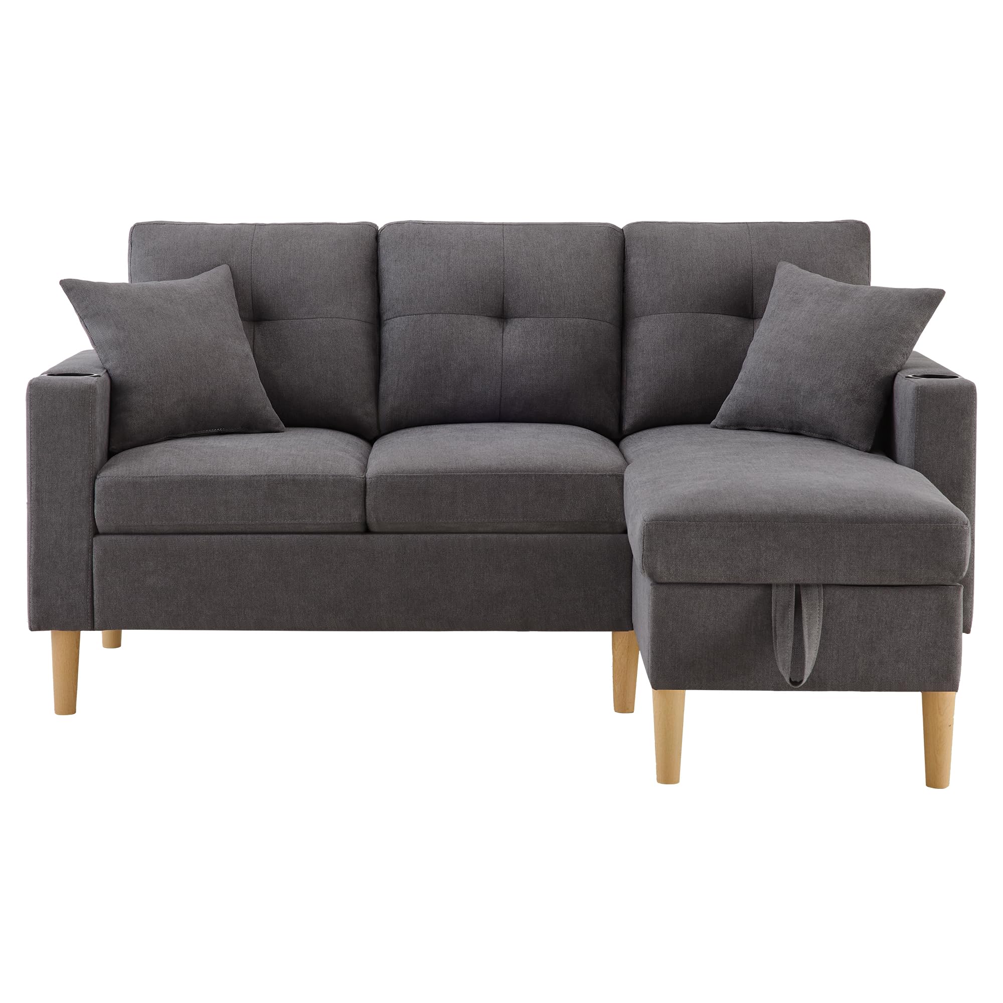 Sofá moderno en forma de L, sofá de 3 plazas con sillón reclinable con compartimento para objetos, portavasos, bolsillos laterales, 2 cojines, sofá esquinero, muebles de salón (gris)