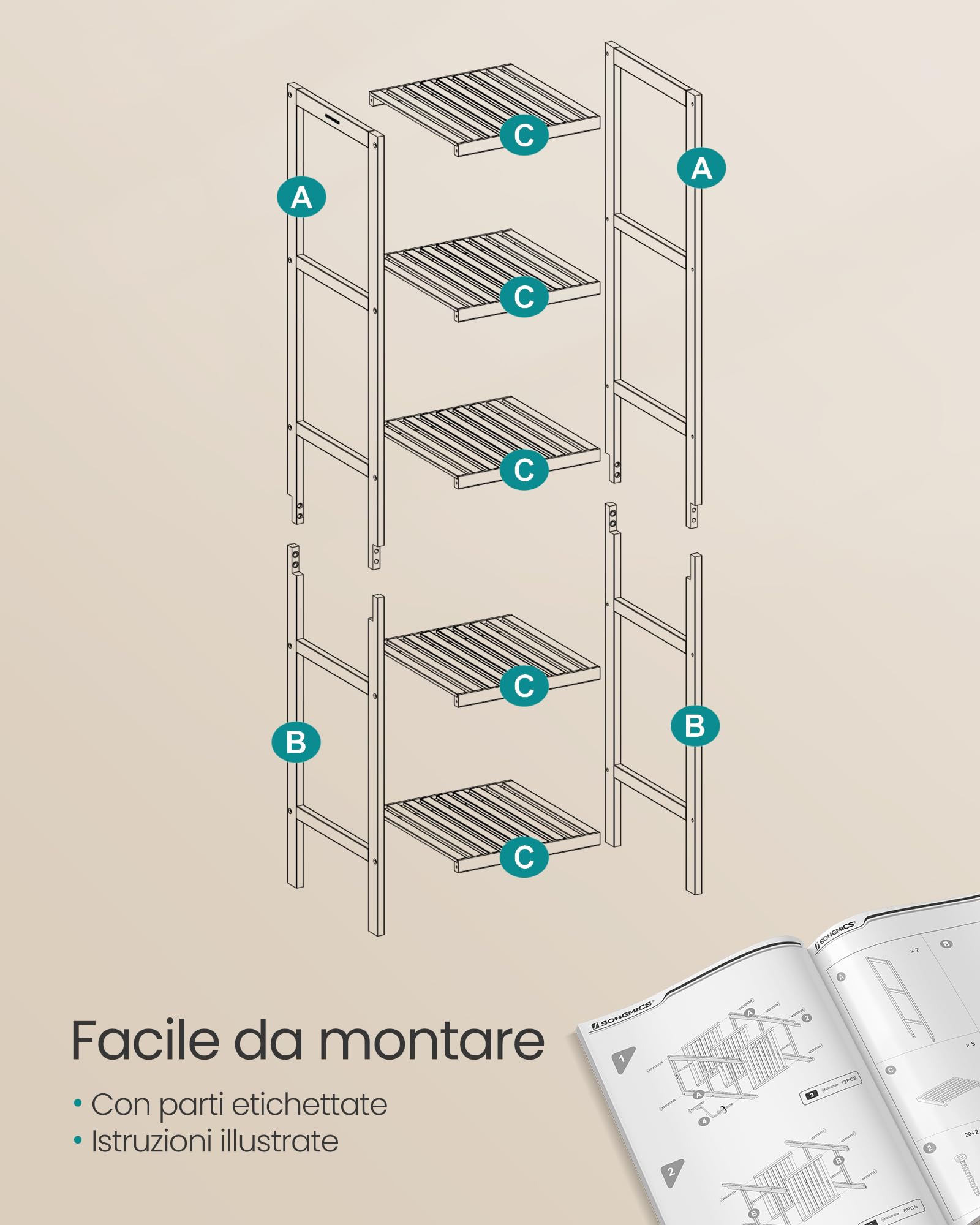 SONGMICS Scaffale da Bagno in Bambù a 5 Ripiani, Scaffale Stretto Multifunzione, Scaffale ad Angolo, per Cucina, Soggiorno, Camera da Letto, Corridoio, Bambù Chiaro e Bianco Nuvola BCB055N01