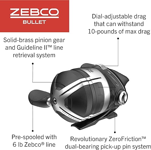Miniatura 4 de Zebco Bullet Spincast Fishing Reel, Durable All-Metal Construction, Solid-Brass Pinion Gear, Pre-Spooled with 10-Pound Zebco Fishing Line, Black