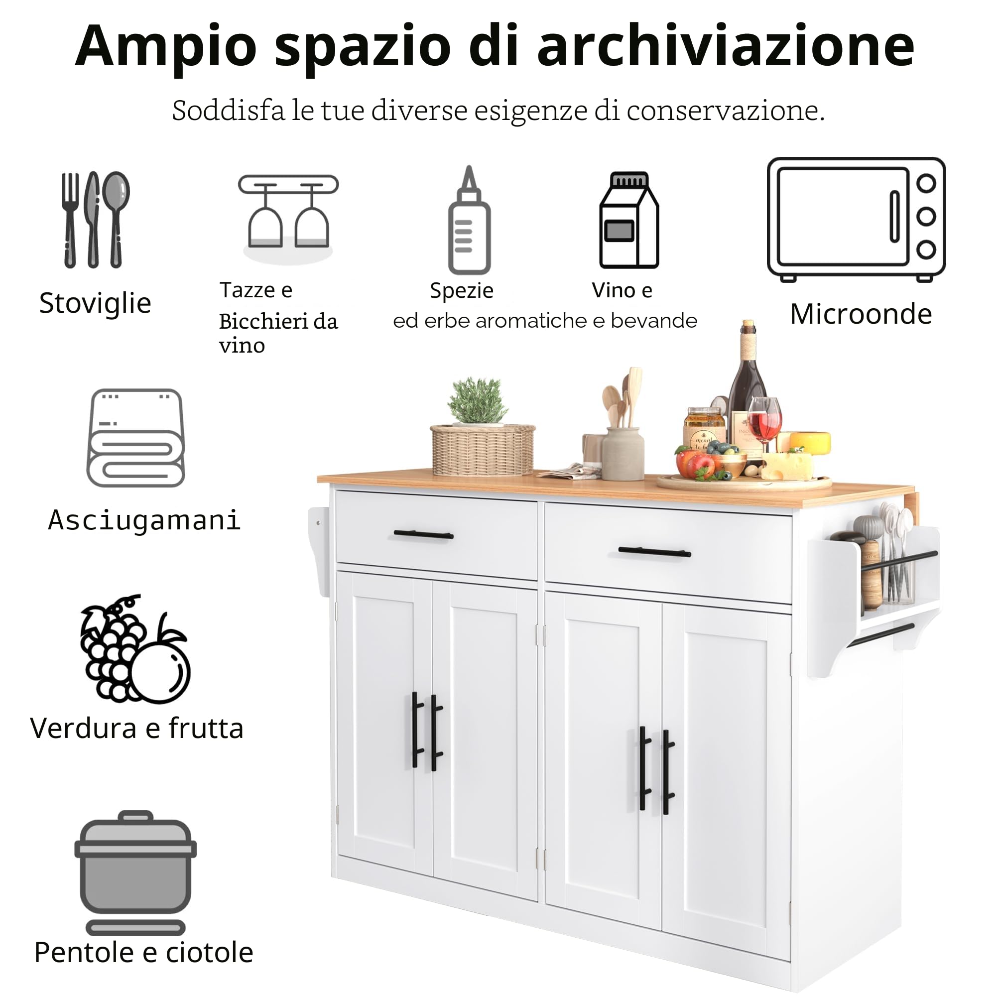 Armadio da cucina con piano di lavoro pieghevole, 120 x 46 (70) x 91 cm, con ruote e gambe in legno intercambiabili, isola da cucina indipendente, per cucina e sala da pranzo (bianco)