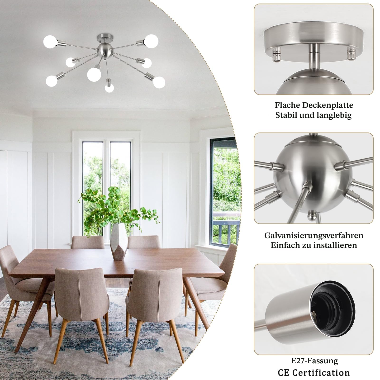 Kronleuchter Deckenlampe Vintage Deckenleuchte Silber, 8 Flammig Deckenlampe Wohnzimmer Hängend, E27 Fassung Modern Wohnzimmerlampe, Industrial Sputnik Lampe für Schlafzimmer Küche Esszimmer