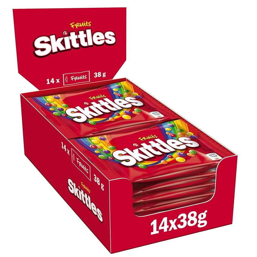 Skittles Fruits, Caramelle Americane Rotonde Colorate a tutti i Gusti della Frutta, 14 confezioni da 38 g ognuna