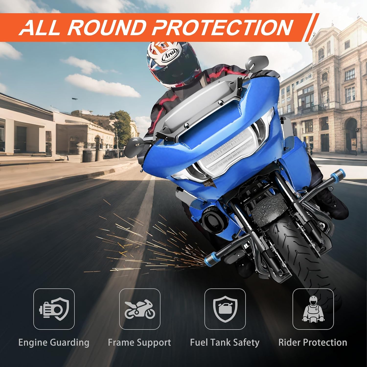 Engine Guard Flat Out Crash Bar for 2014-2025 Harley Touring Street Glide Road Glide Road King Electra Glide Ultra Models (Gloss Black w/Blue CNC)
